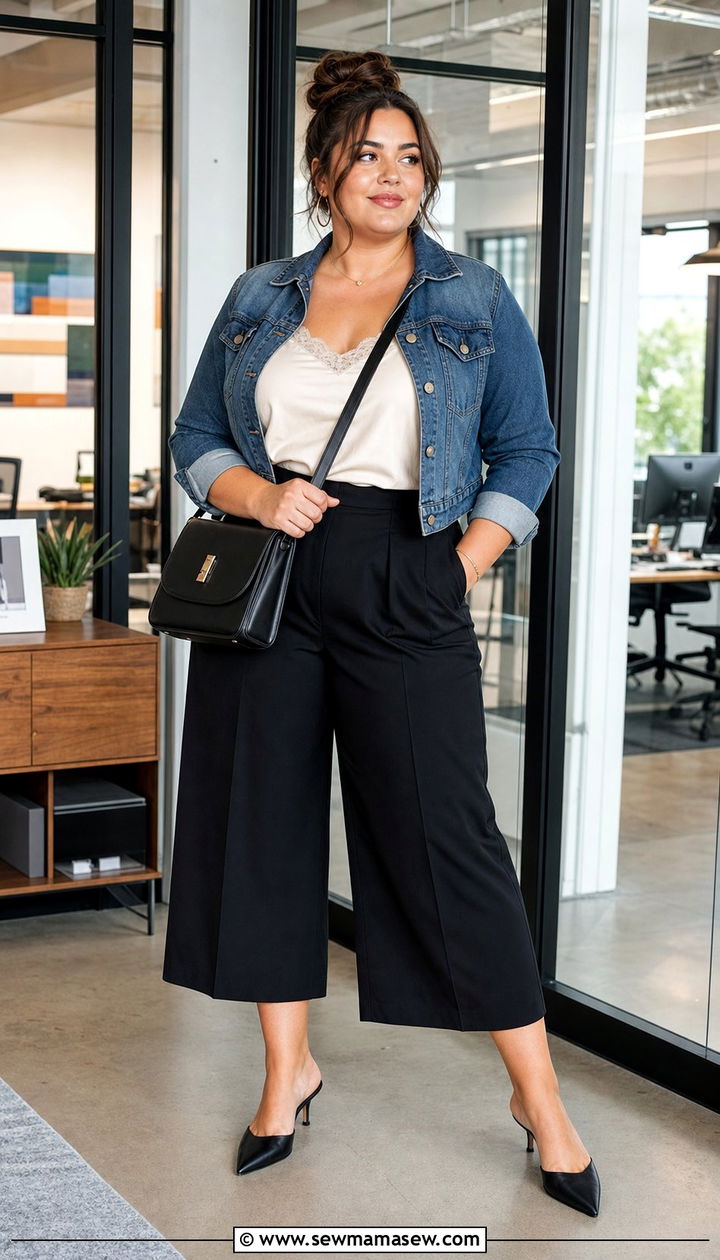 Plus Size Denim Jacket with Culottes - 25 Denim jacket outfit ideas plus size
