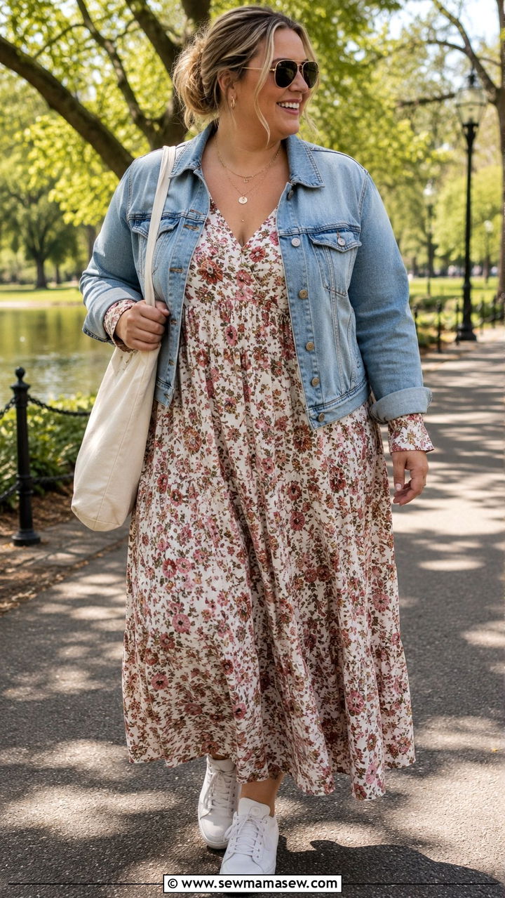 Plus Size Denim Jacket with Maxi Dress - 30 Plus size modest outfit ideas
