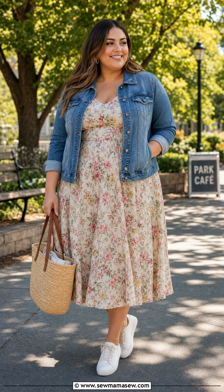 Plus Size Denim Jacket with Midi Dress - 25 Denim jacket outfit ideas plus size