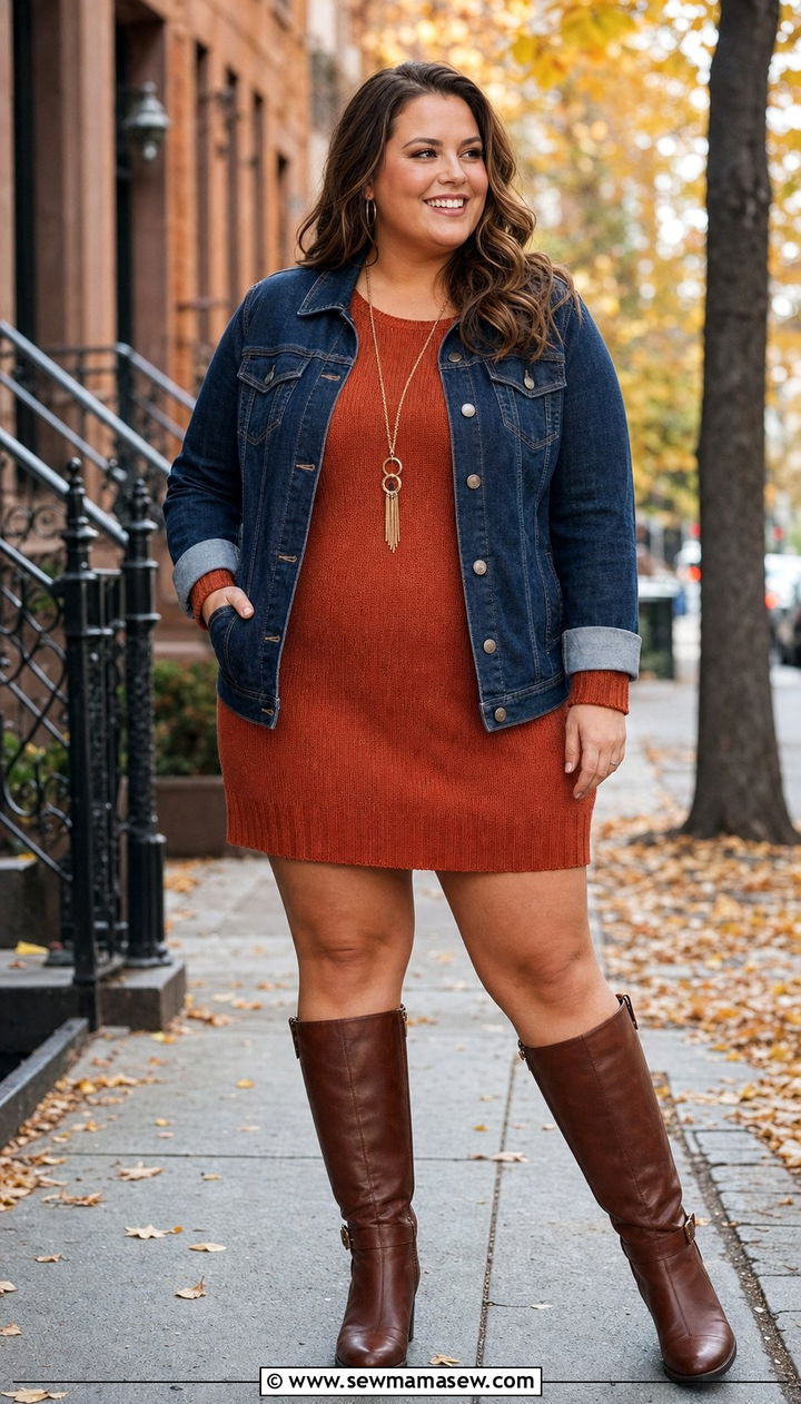 Plus Size Denim Jacket with Sweater Dress - 25 Denim jacket outfit ideas plus size