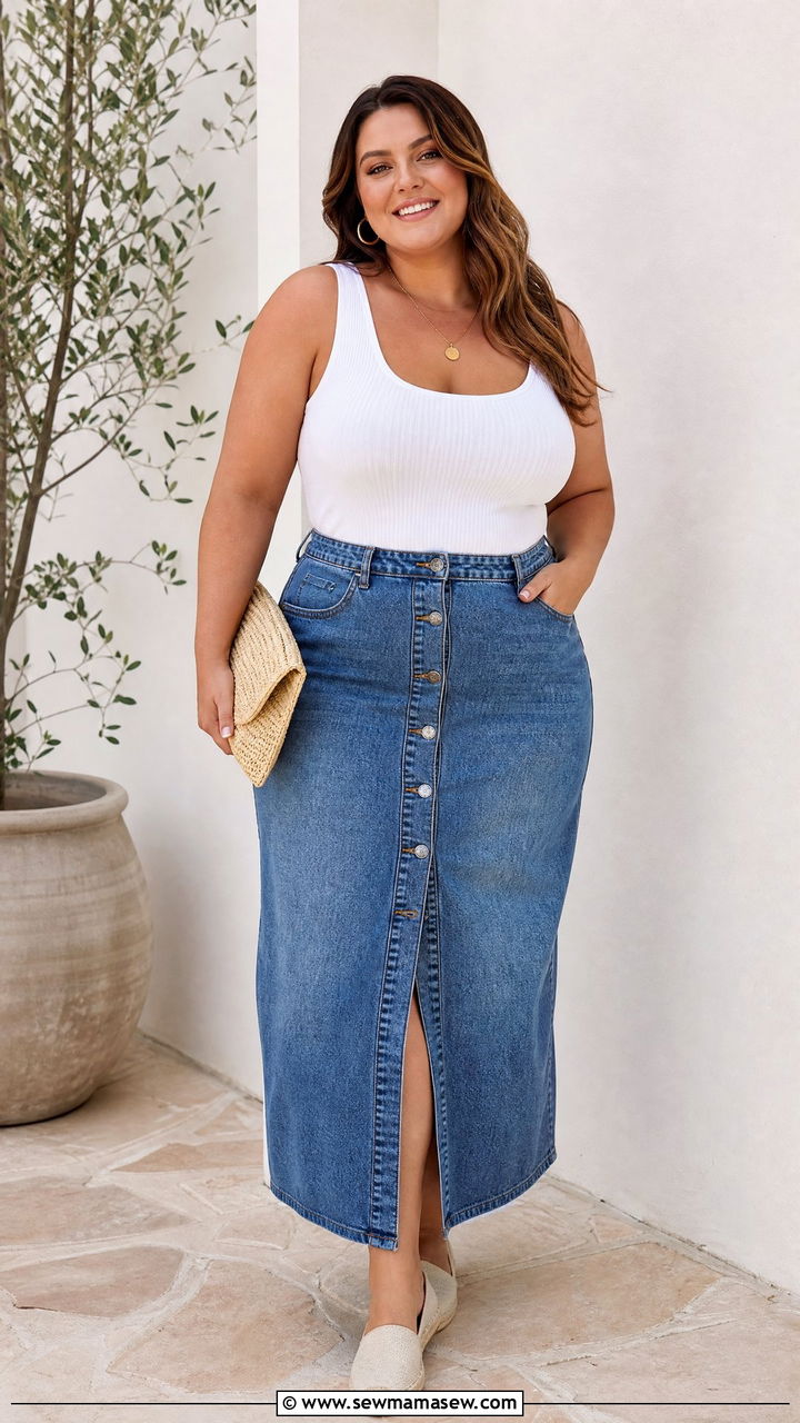 Plus Size Denim Maxi Skirt With Ribbed Tank and Espadrilles - 30 Denim skirt outfit ideas for summer