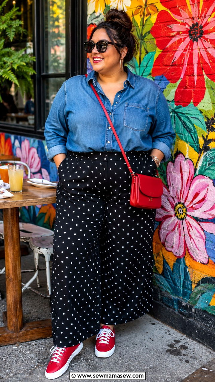 Plus Size Denim Shirt With Polka Dot Pants - 30 Plus size outfit ideas for brunch