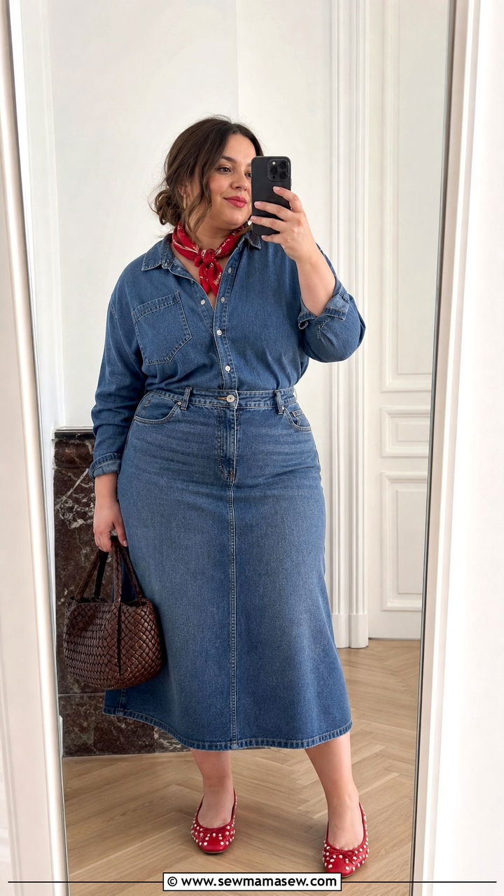 Plus Size Denim Shirt with Denim Midi Skirt and Silk Scarf - 30 Parisian outfits plus size
