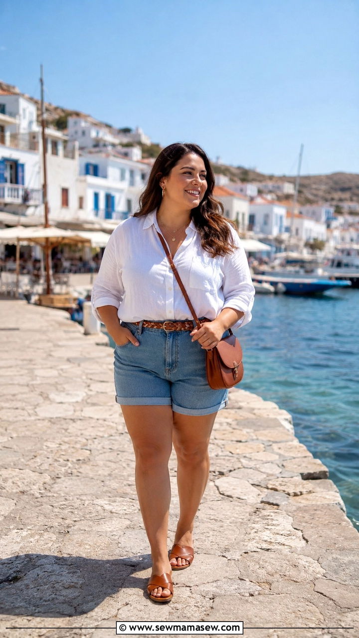 Plus Size Denim Shorts and Button Down Shirt Vacation Outfit - 25 Vacation outfits for plus size