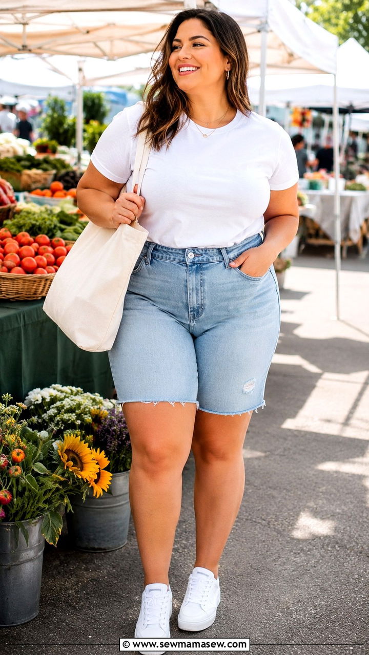 Plus Size Denim Shorts and White Tee Outfit - 30 Plus size outfit ideas summer 2026