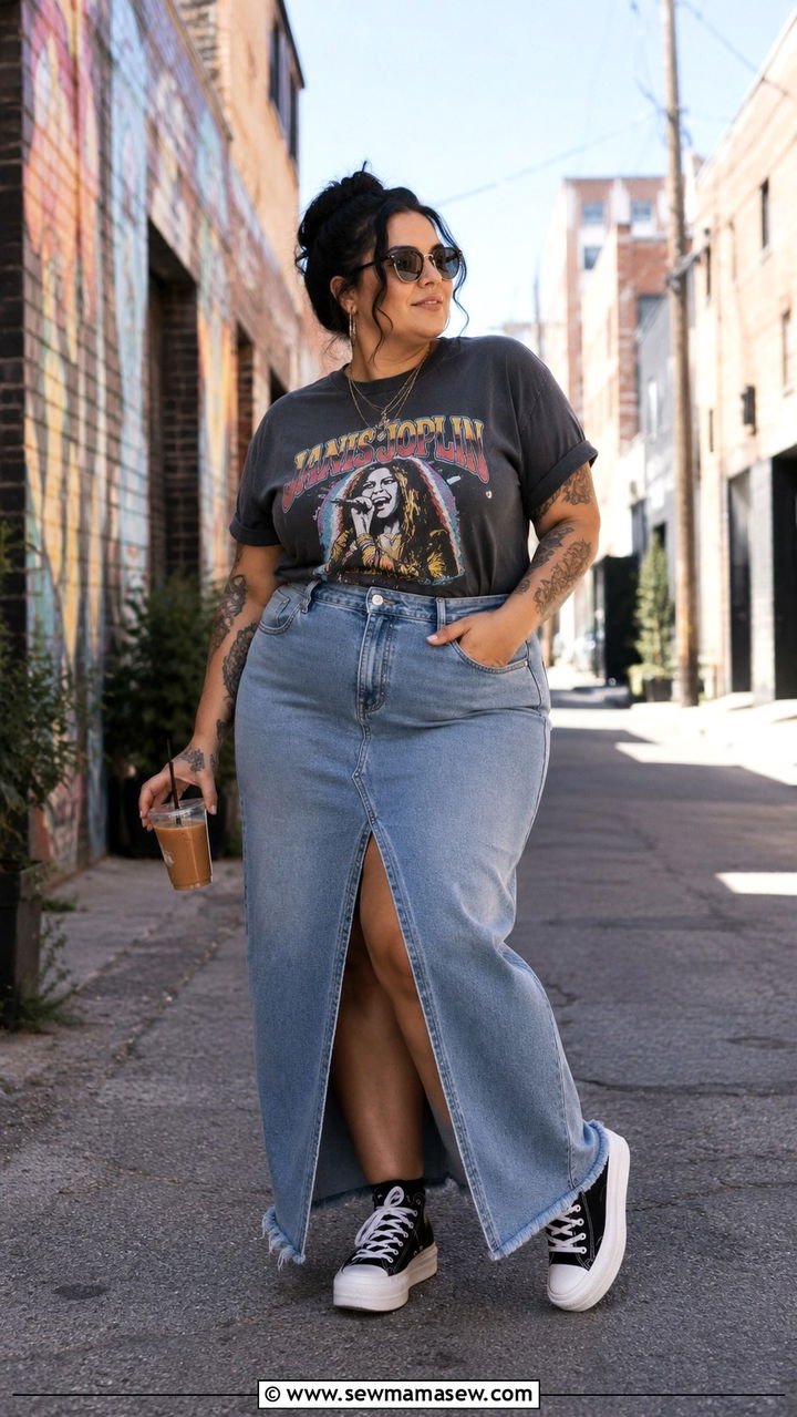 Plus Size Denim Skirt and Graphic Tee Outfit - 20 Plus size outfit ideas size 12