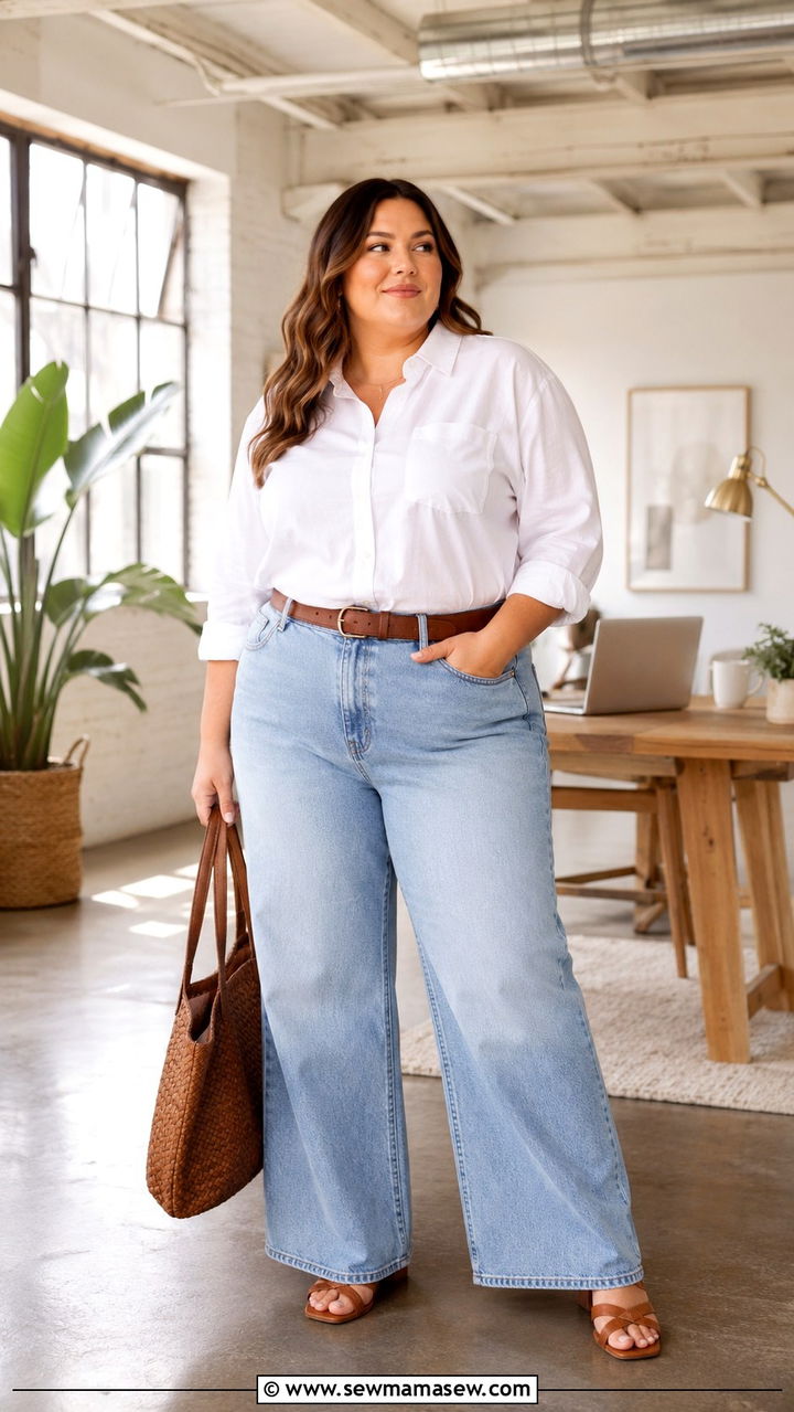 Plus Size Denim Wide Leg Trousers and White Shirt Summer Work Outfit - 30 Plus size work outfit ideas summer