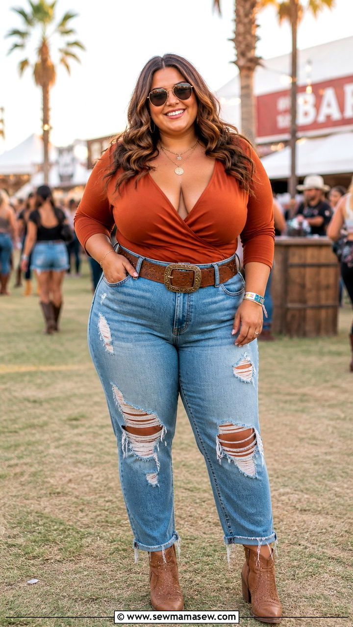 Plus Size Denim and Bodysuit Combo - 40 festival outfits for women