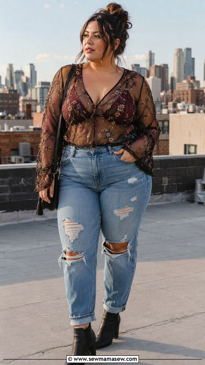 Plus Size Distressed Jeans And Sheer Blouse Concert Outfit - 30 Plus size outfit ideas for concert