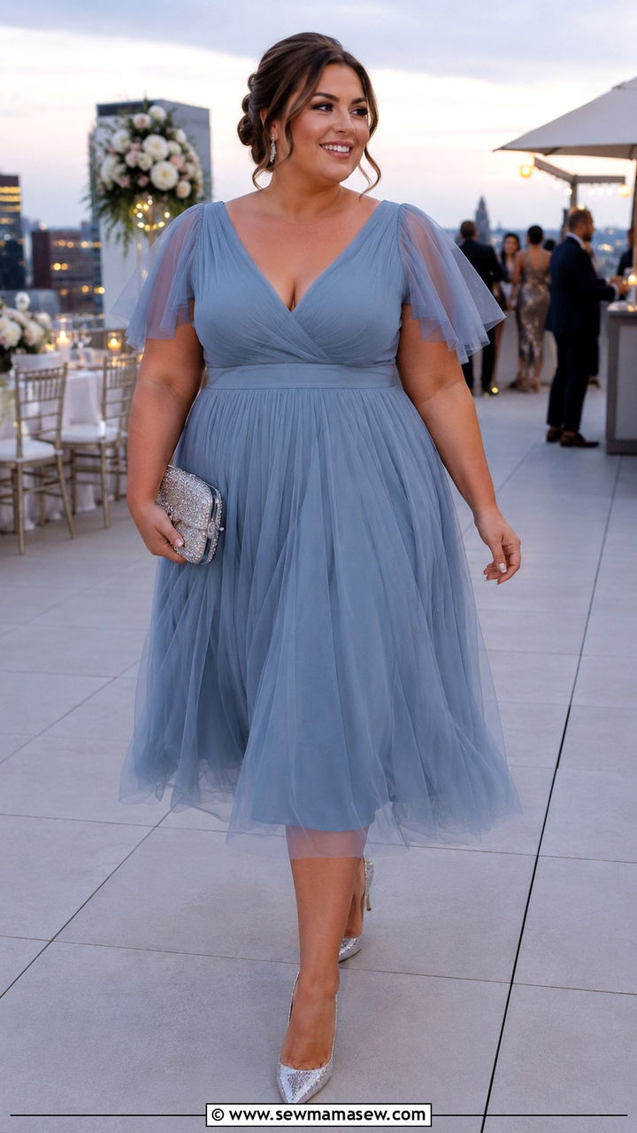 Plus Size Dusty Blue Tulle Midi Dress Wedding Guest Outfit - 25 Wedding guest outfit ideas size 20