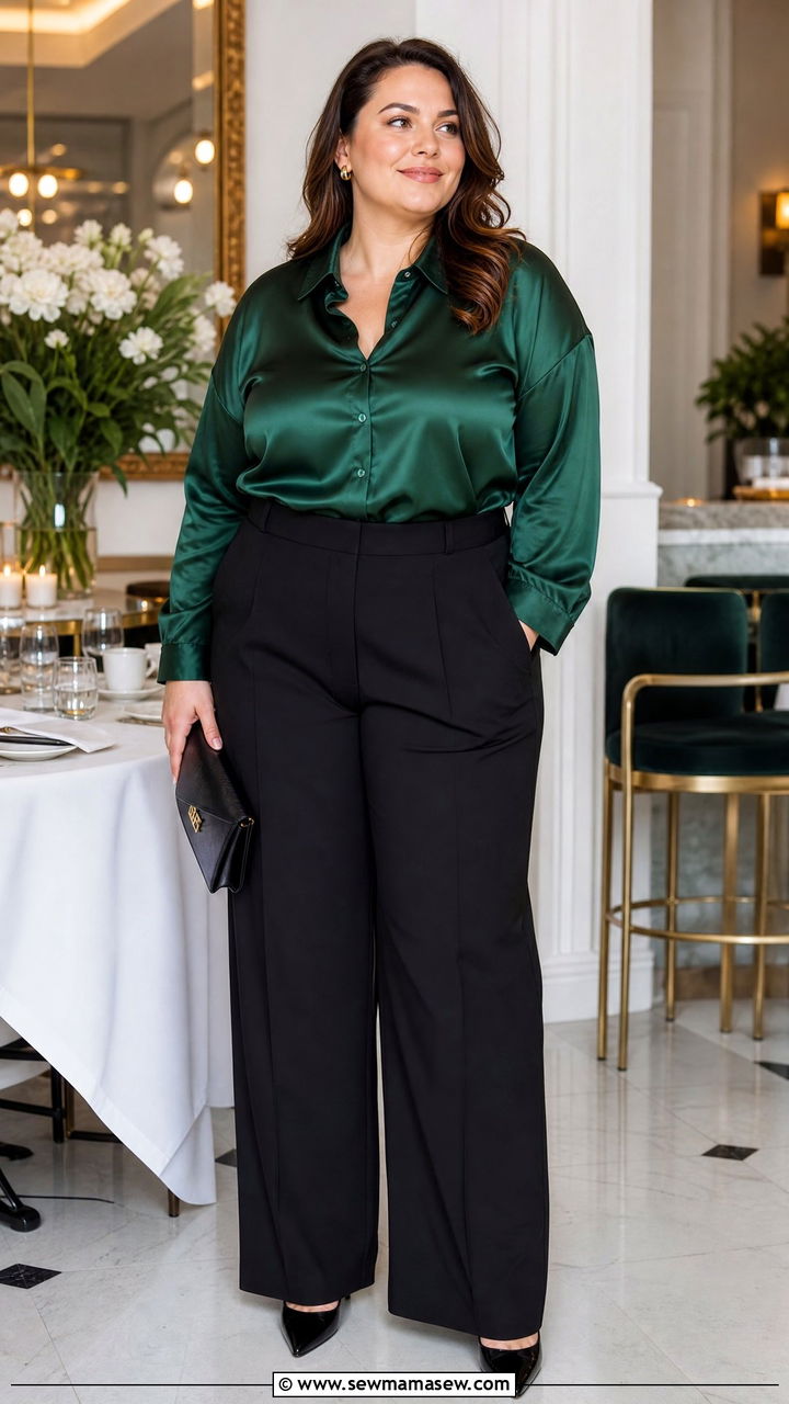 Plus Size Emerald Satin Blouse With Black Trousers - 30 Plus size outfit ideas for brunch