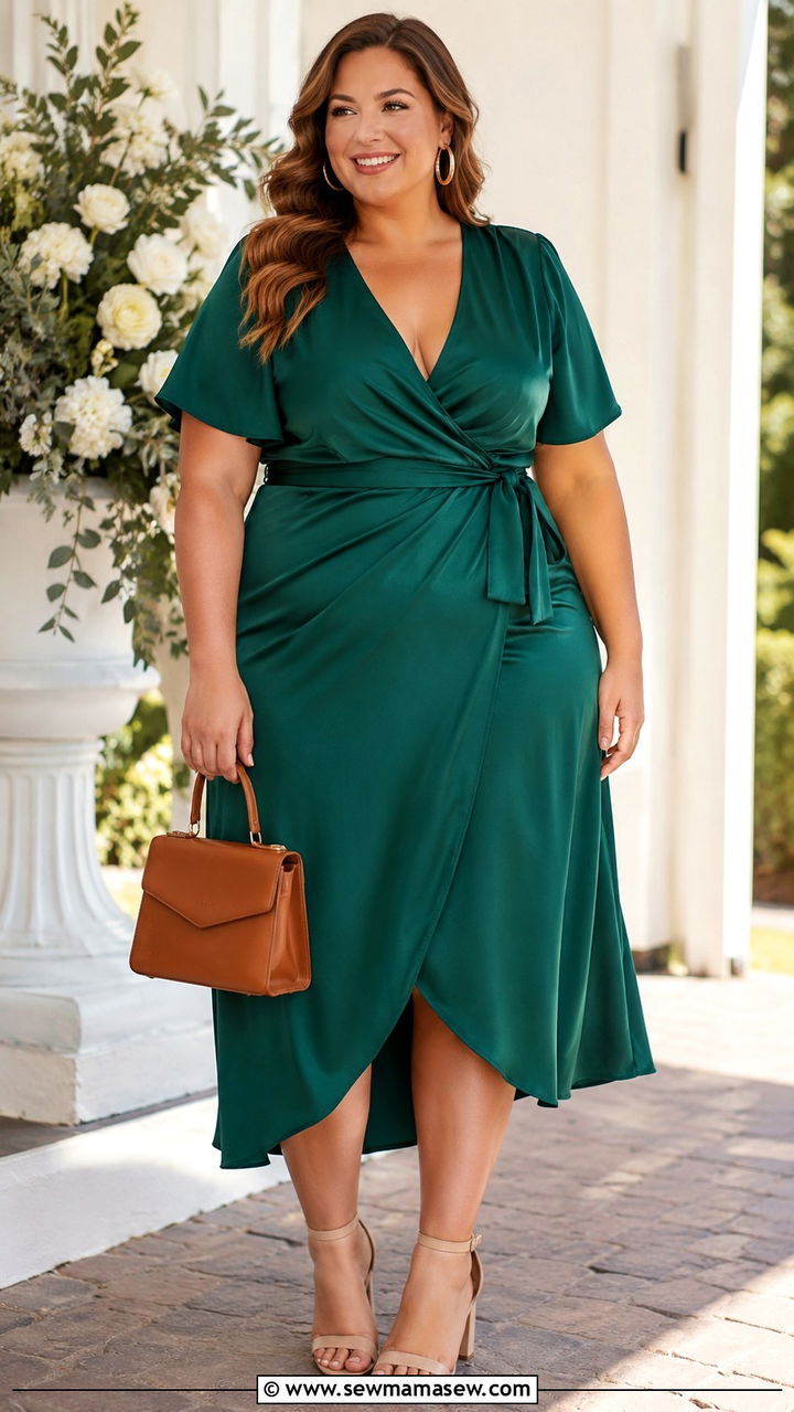 Plus Size Emerald Satin Wrap Dress Outfit - 30 Plus size outfit ideas summer 2026