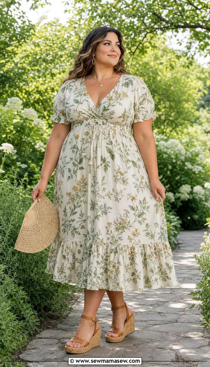 Plus Size Empire Waist Dress And Wedge Sandals - 25 Summer cottagecore outfits 2026