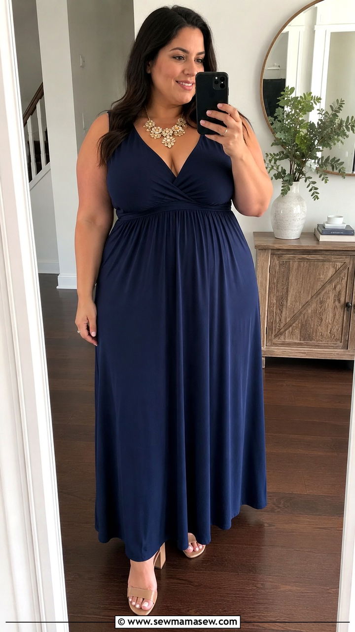 Plus Size Empire Waist Maxi Dress with Statement Necklace - 20 Outfit ideas to hide belly fat plus size