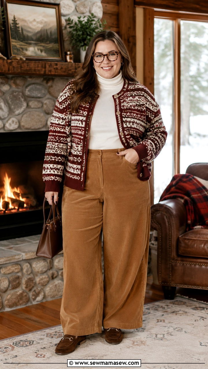 Plus Size Fair Isle Cardigan With Corduroy Pants - 25 Preppy outfits plus size