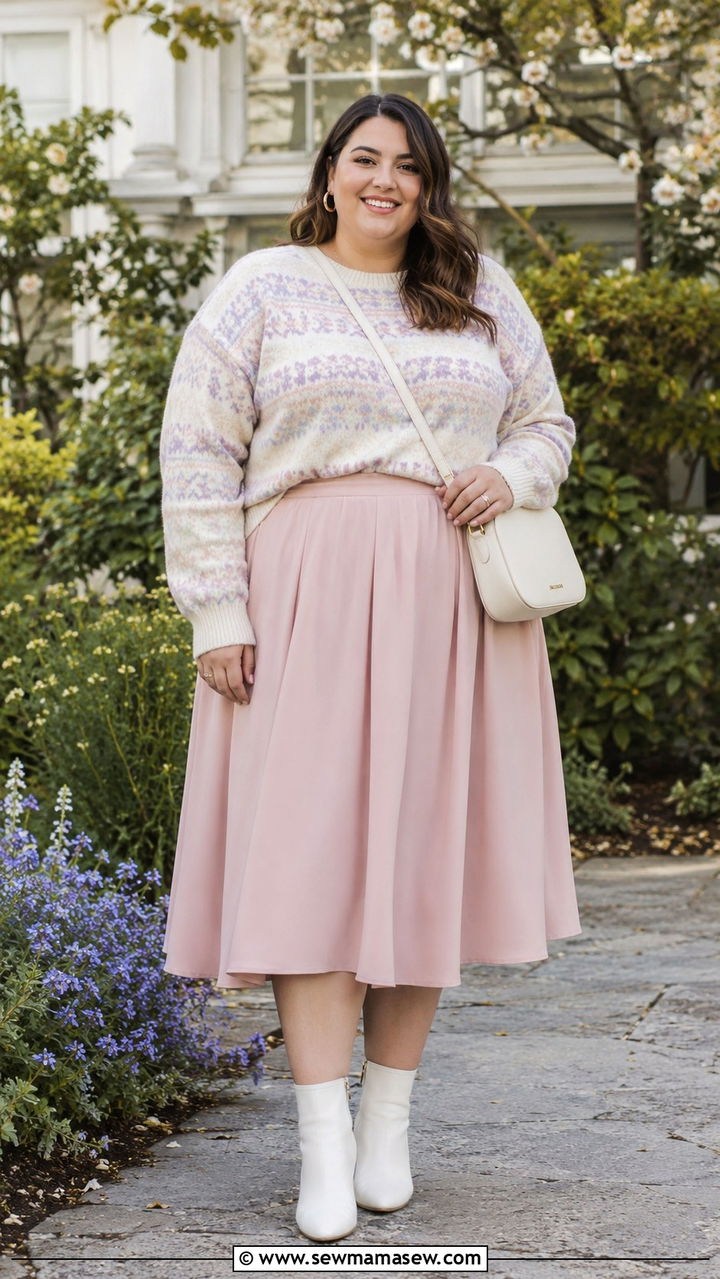 Plus Size Fair Isle Sweater With Midi Skirt - 25 Preppy outfits plus size