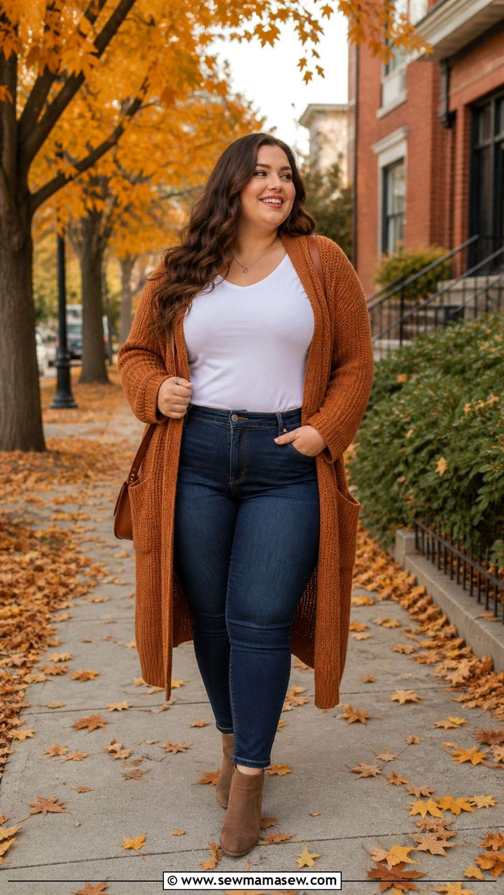 Plus Size Fall Outfit with Cardigan T Shirt and Jeans - 40 Plus size outfit ideas