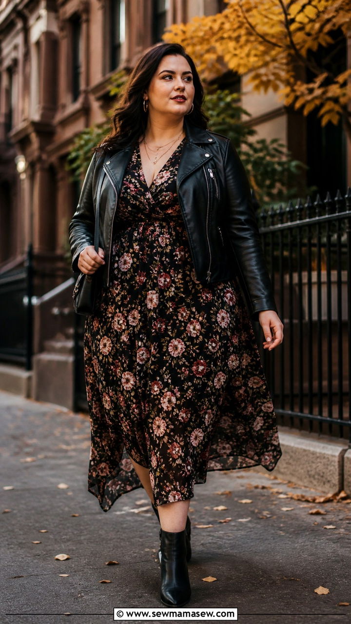 Plus Size Fall Outfit with Leather Jacket and Flowy Dress - 40 Plus size outfit ideas