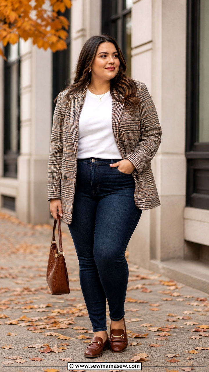 Plus Size Fall Outfit with Plaid Blazer and Dark Jeans - 40 Plus size outfit ideas