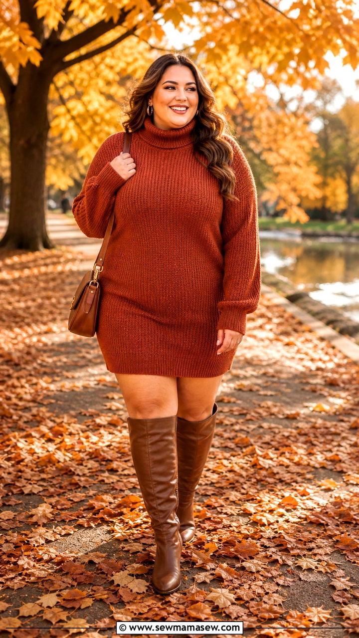 Plus Size Fall Outfit with Sweater Dress and Knee High Boots - 40 Plus size outfit ideas