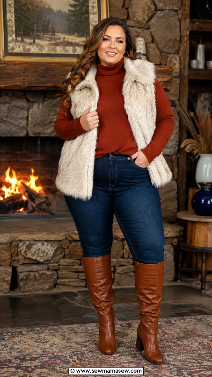 Plus Size Faux Fur Vest and Turtleneck Photoshoot Outfit - 30 Plus size photoshoot outfit ideas