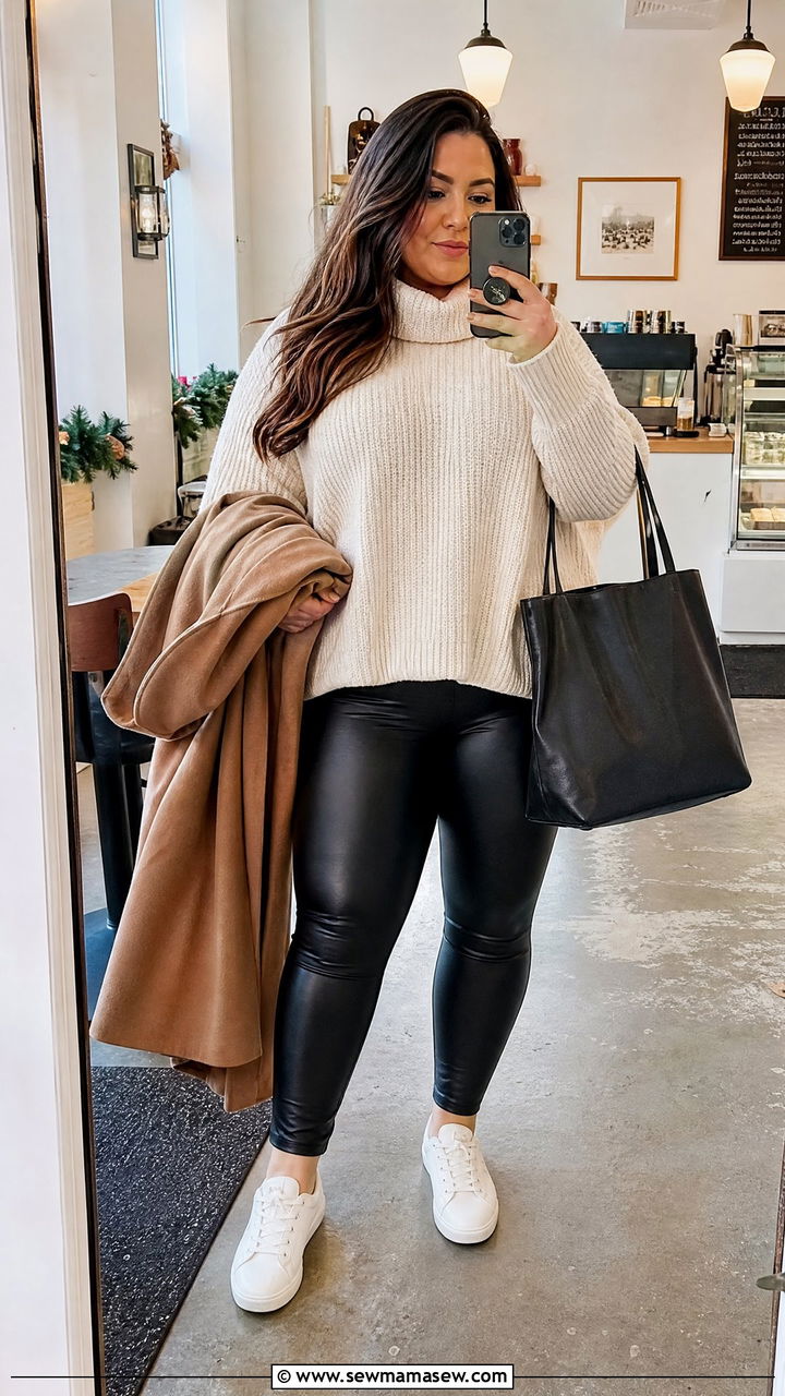 Plus Size Faux Leather Leggings With Oversized Knit - 30 Plus size outfit ideas for brunch