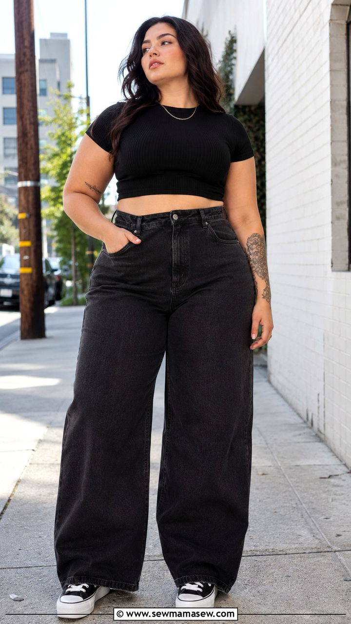 Plus Size Fitted Crop Top with High Waisted Wide Leg Jeans - 20 Outfit ideas to hide belly fat plus size