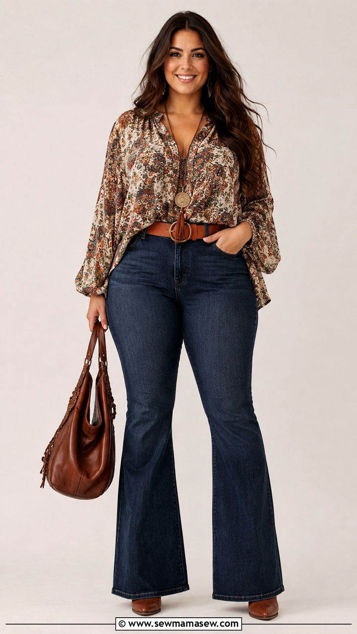 Plus Size Flared Jeans Boho Outfit with a Flowy Tunic - 25 Boho outfit ideas with flared jeans