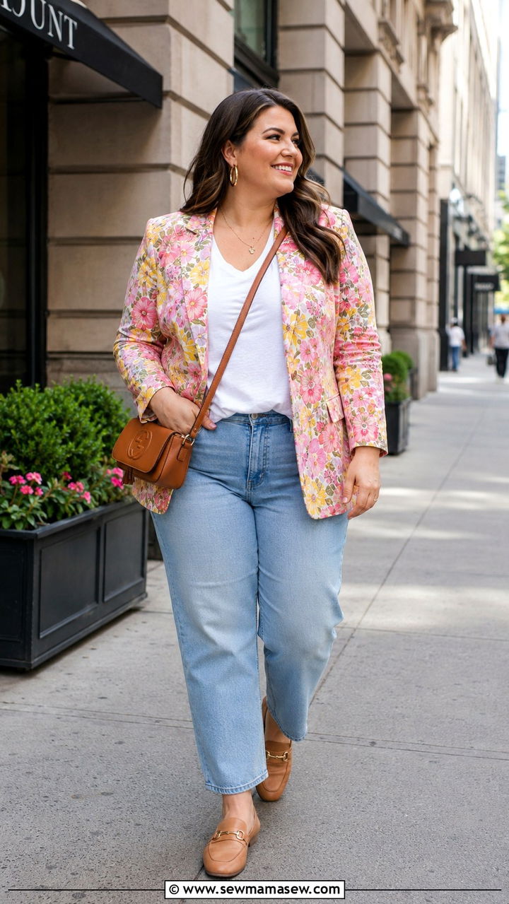 Plus Size Floral Blazer With Straight Leg Jeans - 25 Preppy outfits plus size