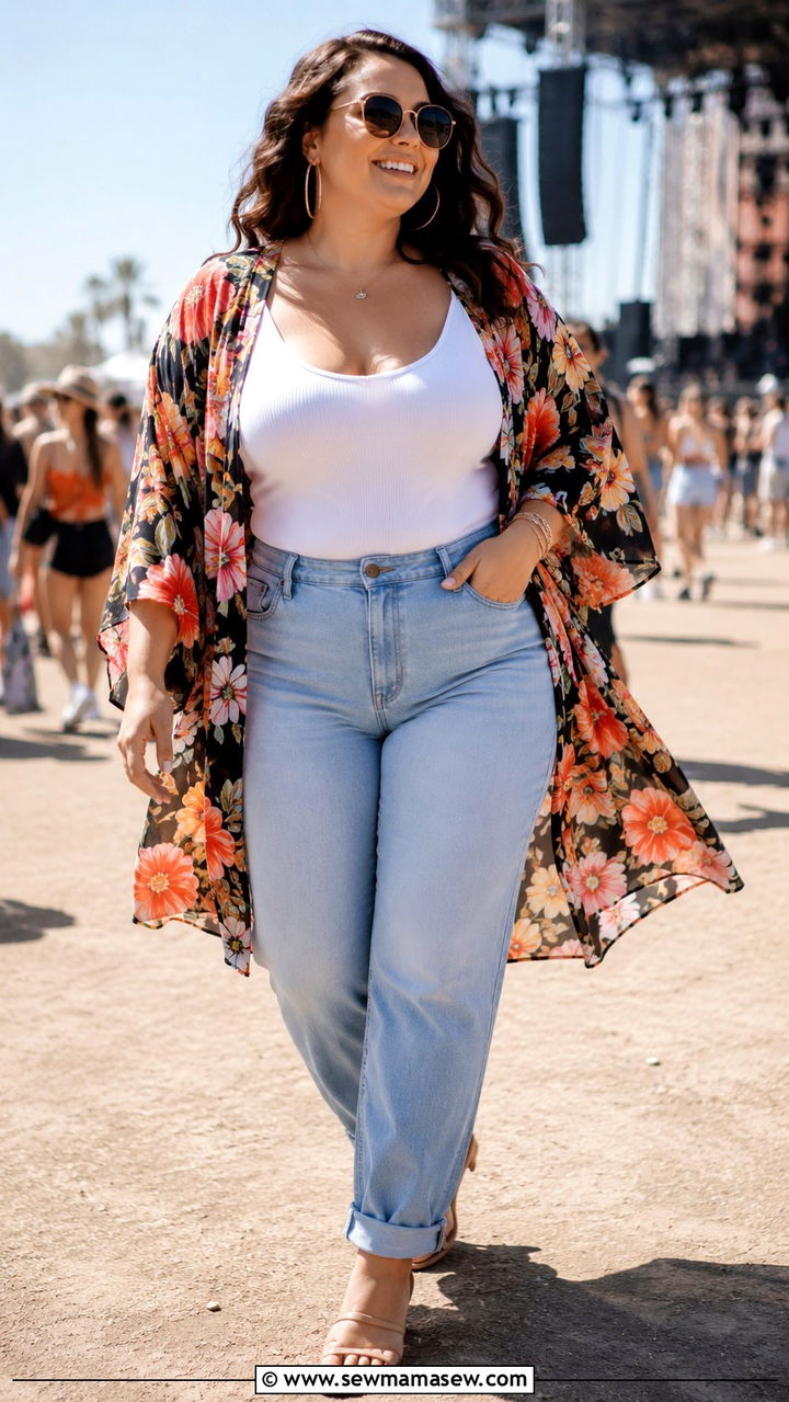 Plus Size Floral Kimono and Tank with Jeans Outfit - 30 plus size summer concert outfit ideas