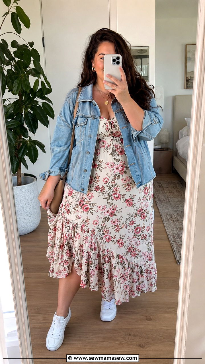Plus Size Floral Maxi Dress with Denim Jacket - 30 Plus size outfit ideas summer 2026