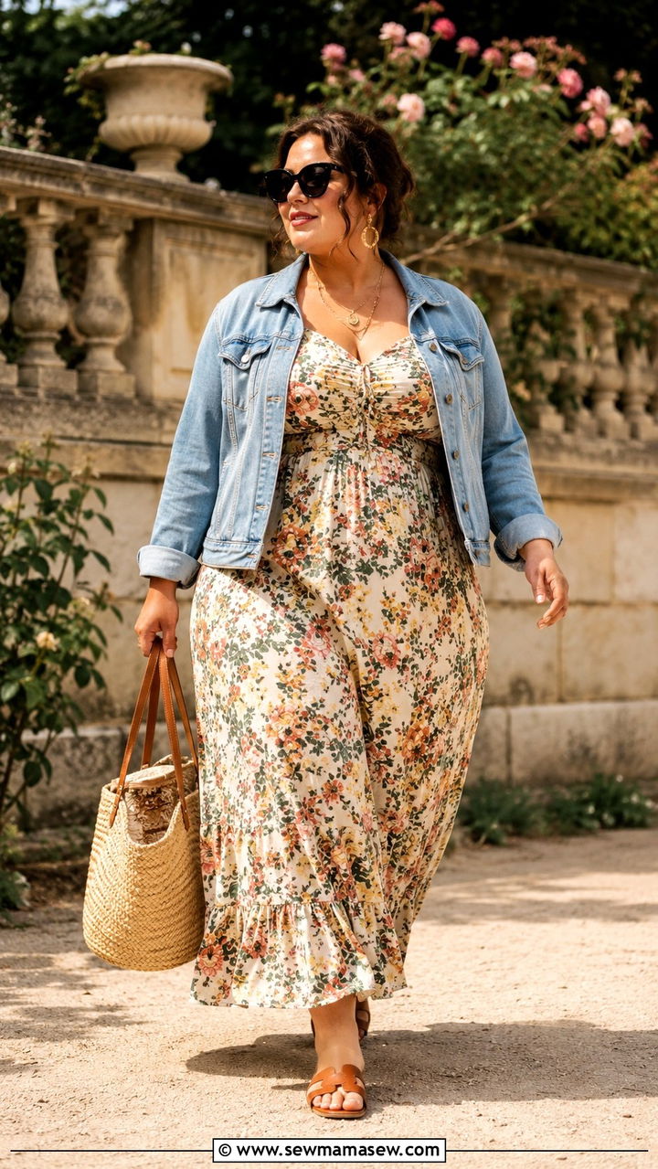 Plus Size Floral Maxi Dress with Denim Jacket and Sandals - 30 Parisian outfits plus size
