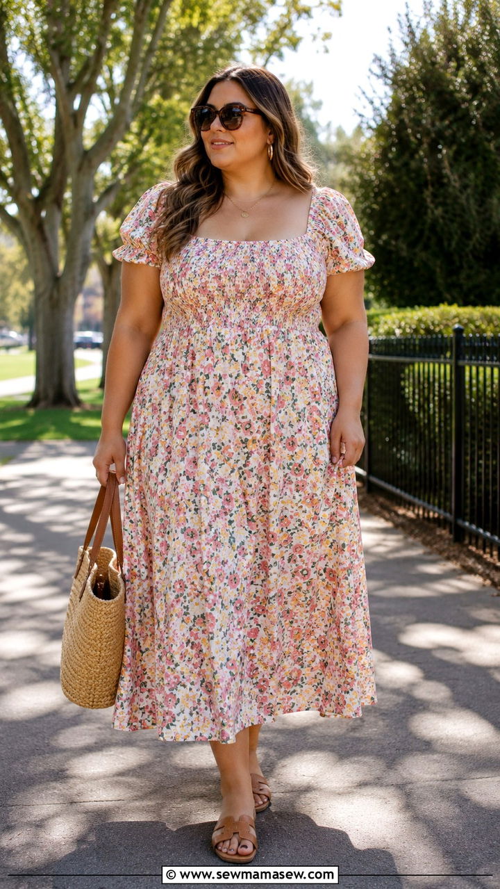 Plus Size Floral Midi Dress With Sandals - 25 Midi dress plus size outfit ideas