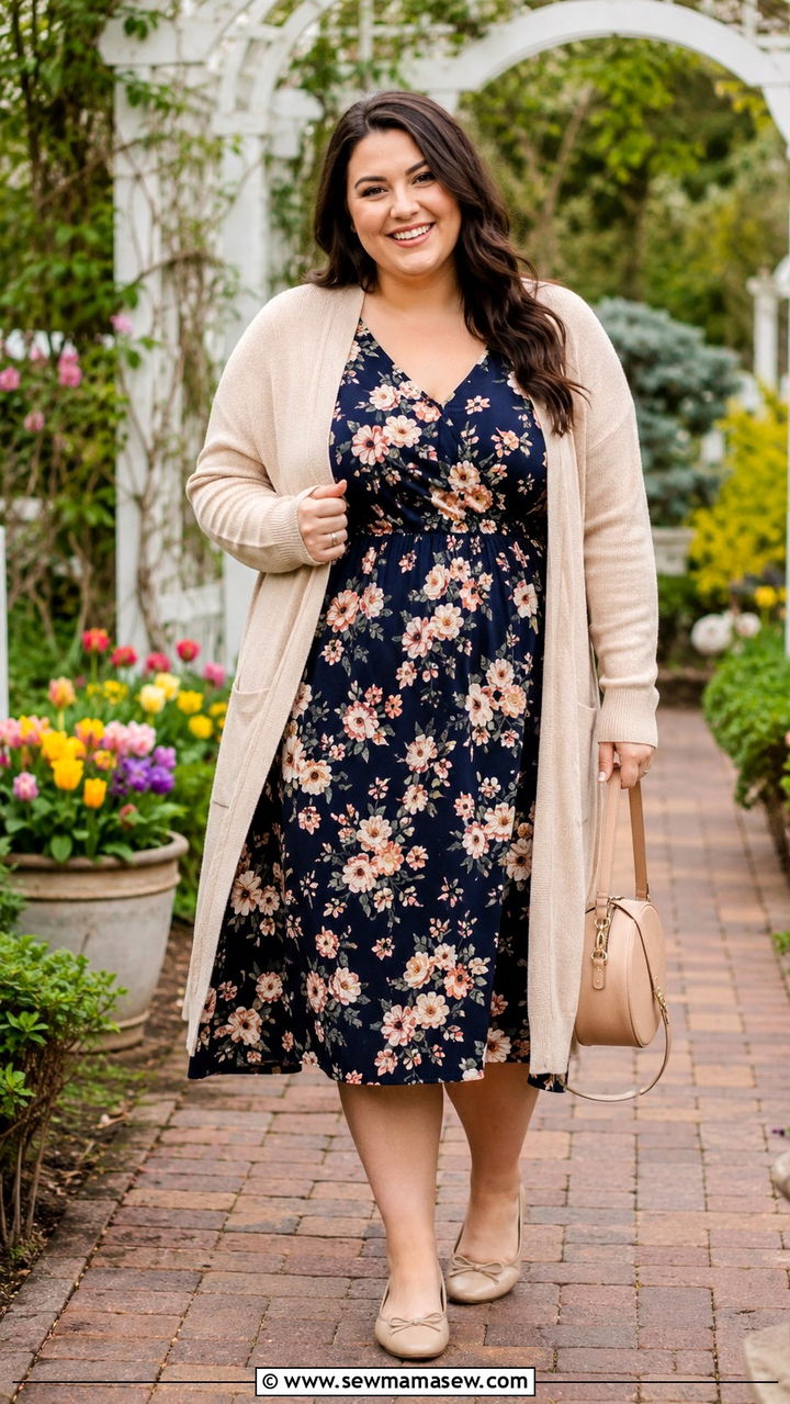 Plus Size Floral Midi Dress with Longline Cardigan - 20 Outfit ideas to hide belly fat plus size