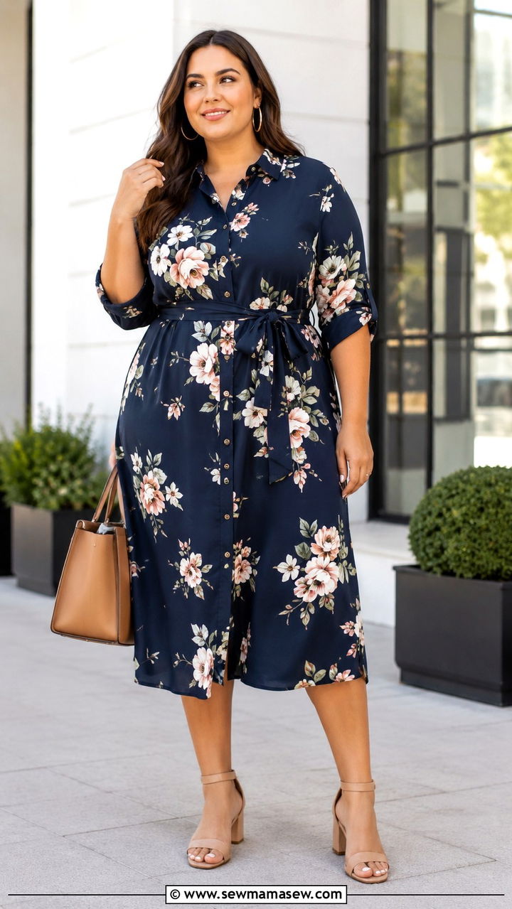 Plus Size Floral Midi Shirt Dress Outfit - 30 Plus size modest outfit ideas