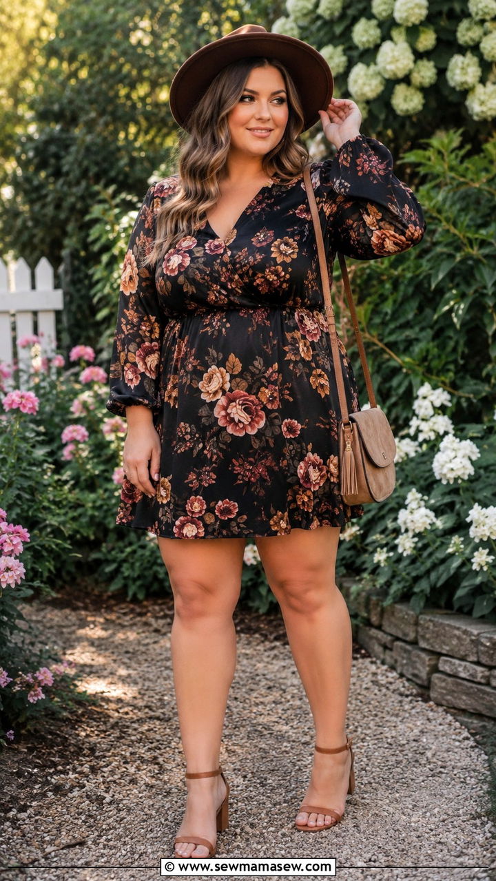 Plus Size Floral Mini Dress with Strappy Block Heels Outfit - 25 Mini dress outfit ideas plus size