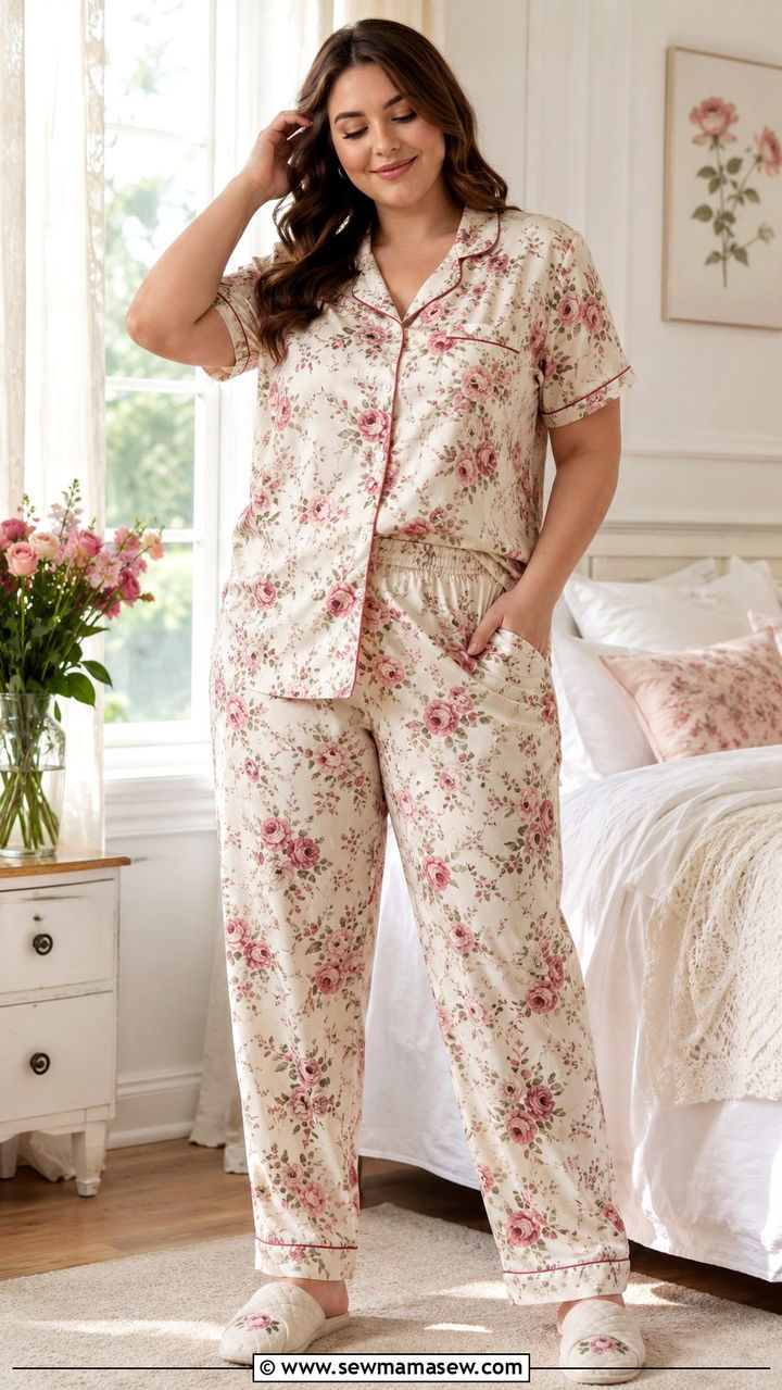 Plus Size Floral Print Pajama Set - 30 Plus size pajama outfit ideas
