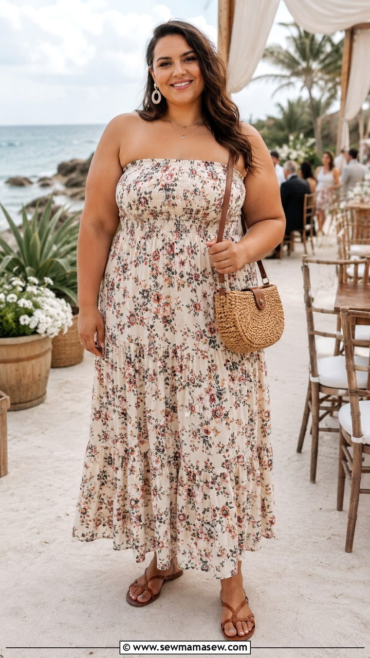 Plus Size Floral Smocked FlounceHem Maxi Dress Wedding Guest Outfit - 25 Wedding guest outfit ideas size 20