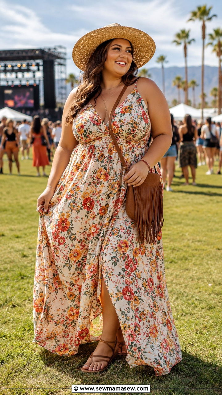 Plus Size Flowy Maxi Dress and Strappy Sandals Outfit - 30 plus size summer concert outfit ideas