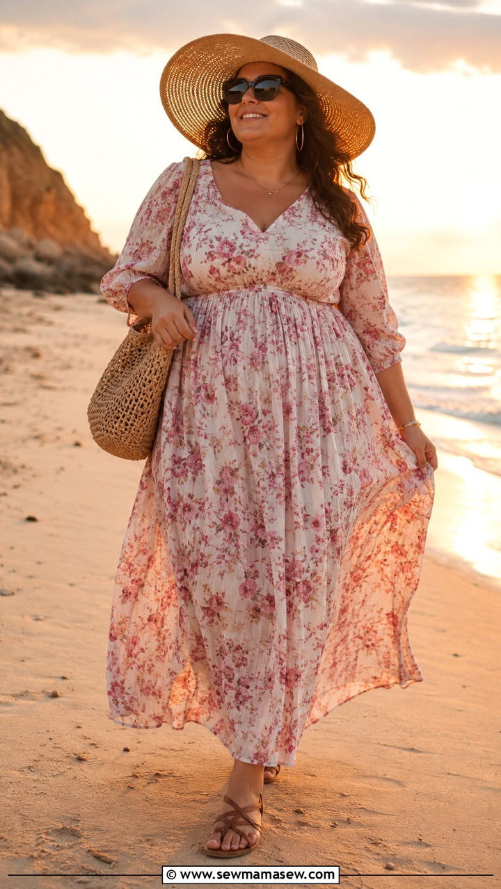 Plus Size Flowy Maxi Dress and Wide Brim Hat - 30 Plus size beach outfits