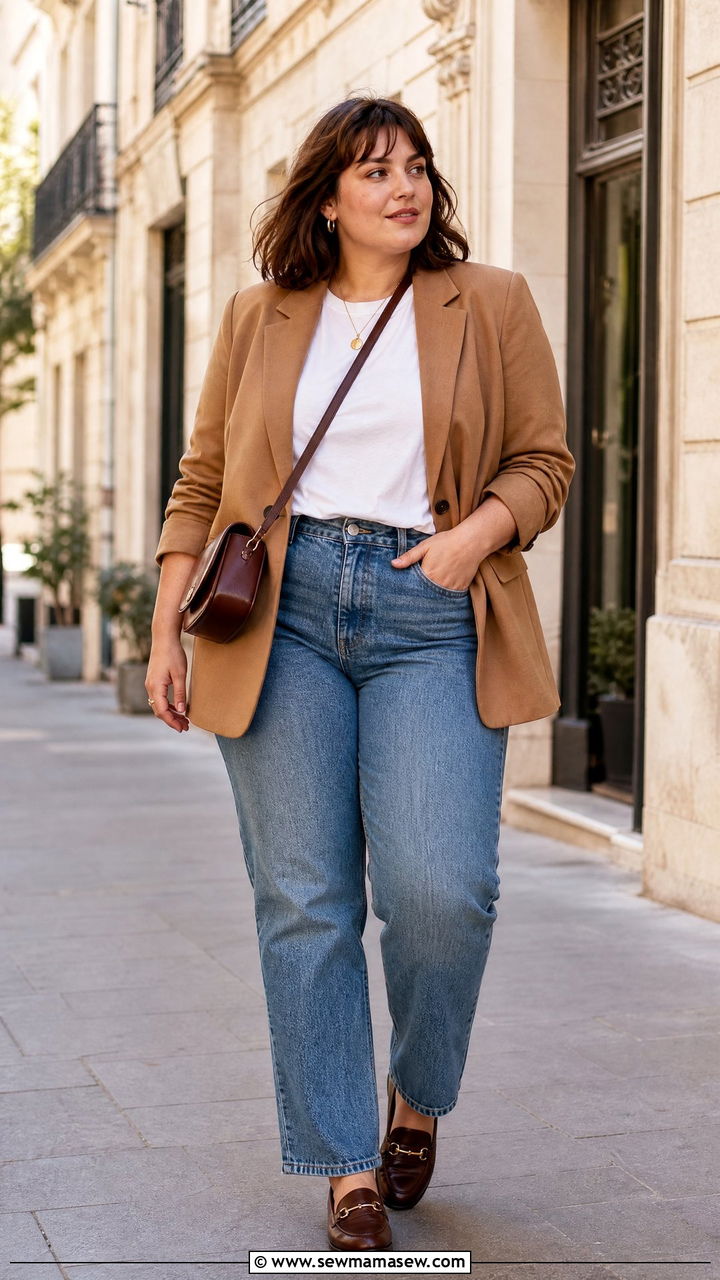 Plus Size French Girl Blazer and Straight Leg Jeans - 25 French girl outfit ideas plus size