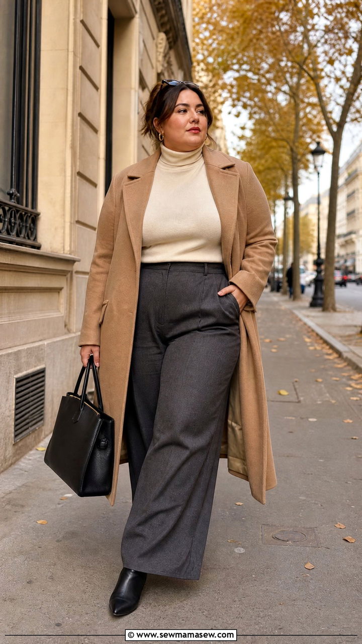 Plus Size French Girl Camel Coat and Wide Leg Trousers - 25 French girl outfit ideas plus size