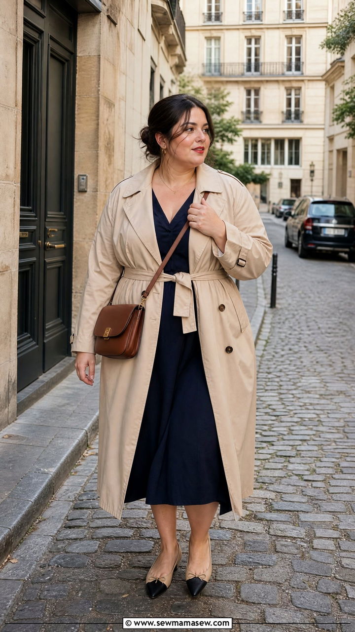 Plus Size French Girl Trench Coat and Midi Dress - 25 French girl outfit ideas plus size