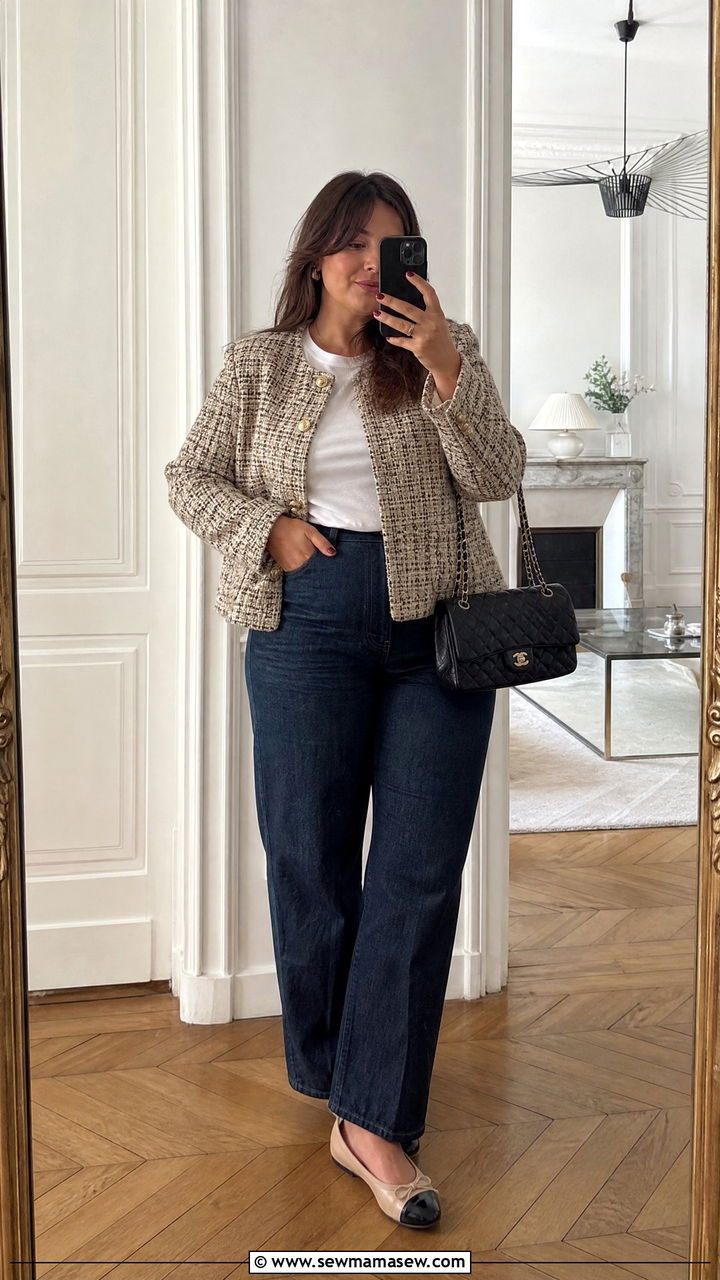 Plus Size French Girl Tweed Jacket and Jeans - 25 French girl outfit ideas plus size