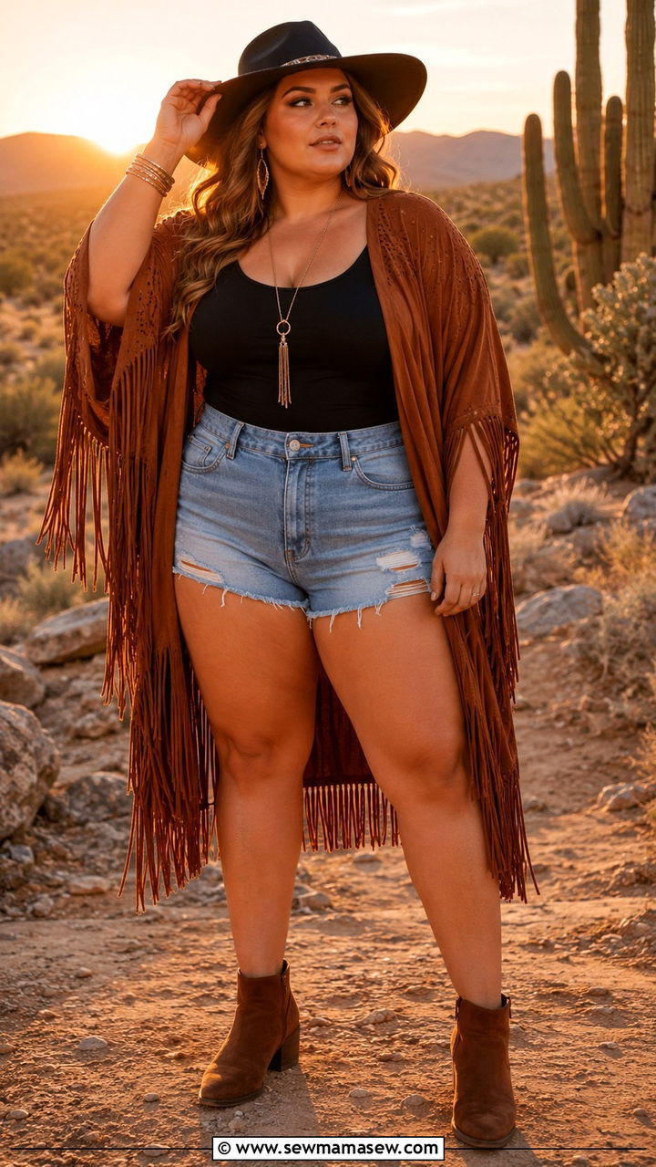 Plus Size Fringe Kimono And Denim Cutoffs Concert Outfit - 30 Plus size outfit ideas for concert