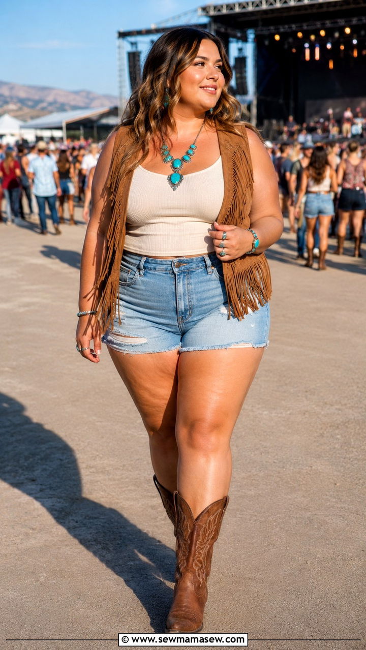 Plus Size Fringe Vest and Denim Shorts Outfit - 30 plus size summer concert outfit ideas