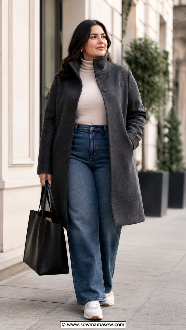 Plus Size Funnel Neck Coat and Stovepipe Jeans Outfit - 25 Plus size capsule wardrobe 2026