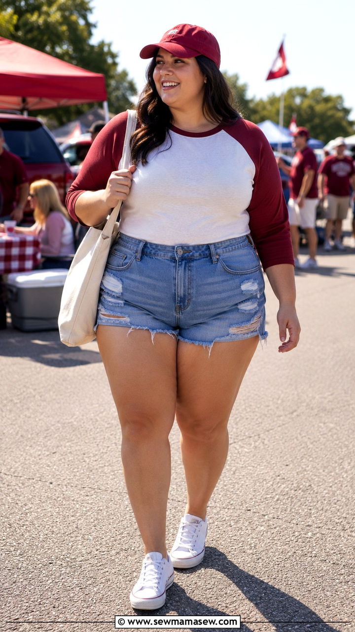 Plus Size Gameday Outfit With Baseball Tee And Distressed Shorts - 30 Plus size gameday outfit ideas