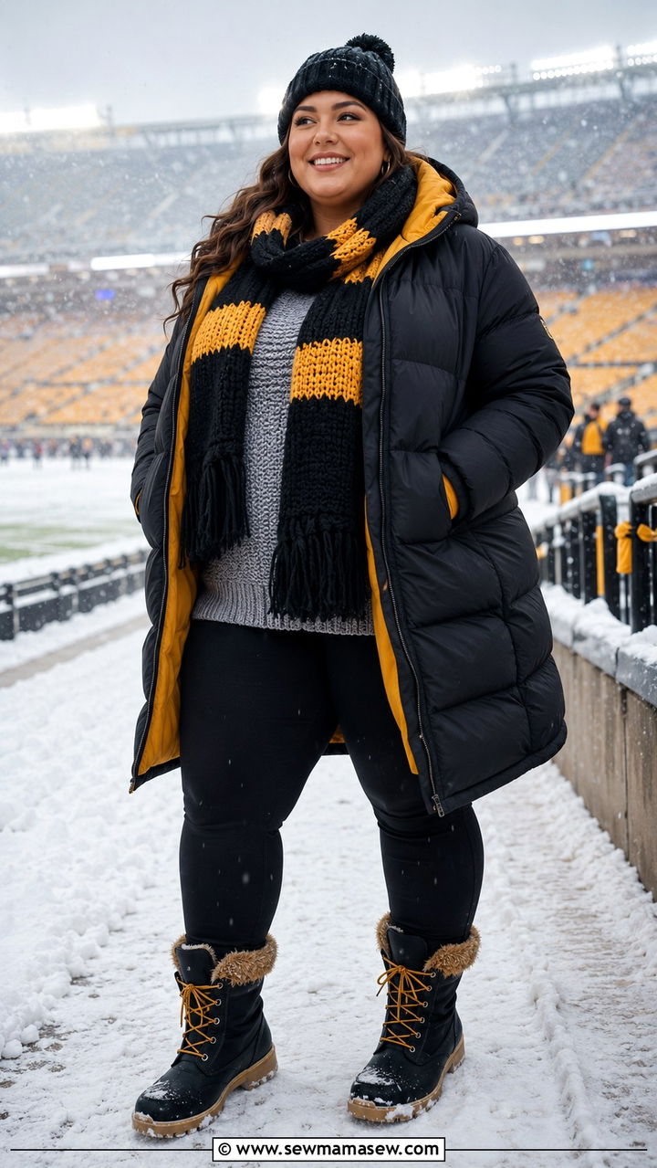 Plus Size Gameday Outfit With Beanie Scarf And Puffer Coat - 30 Plus size gameday outfit ideas