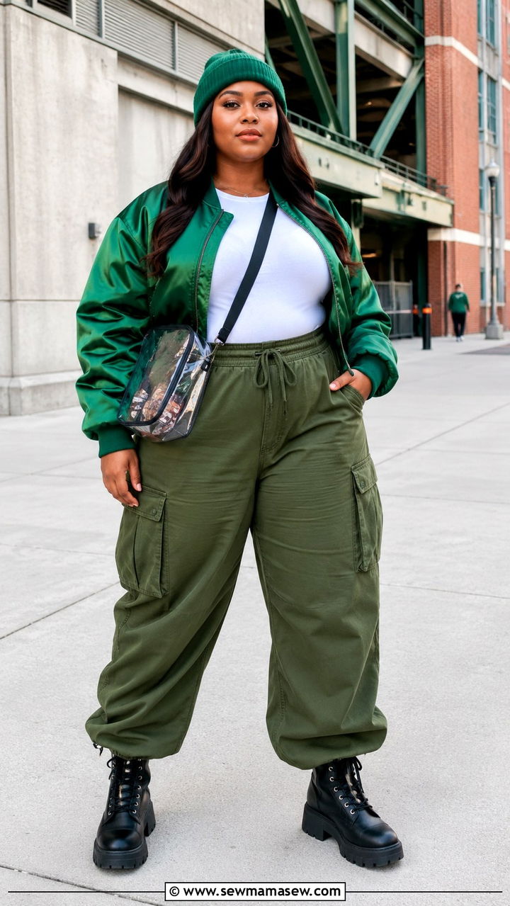 Plus Size Gameday Outfit With Bomber Jacket And Cargo Pants - 30 Plus size gameday outfit ideas